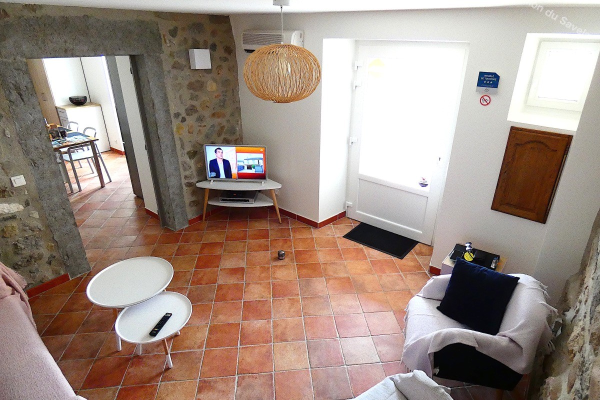 Le salon avec Smart TV, TNT Sat et Mac mini (lecteur de DVD)