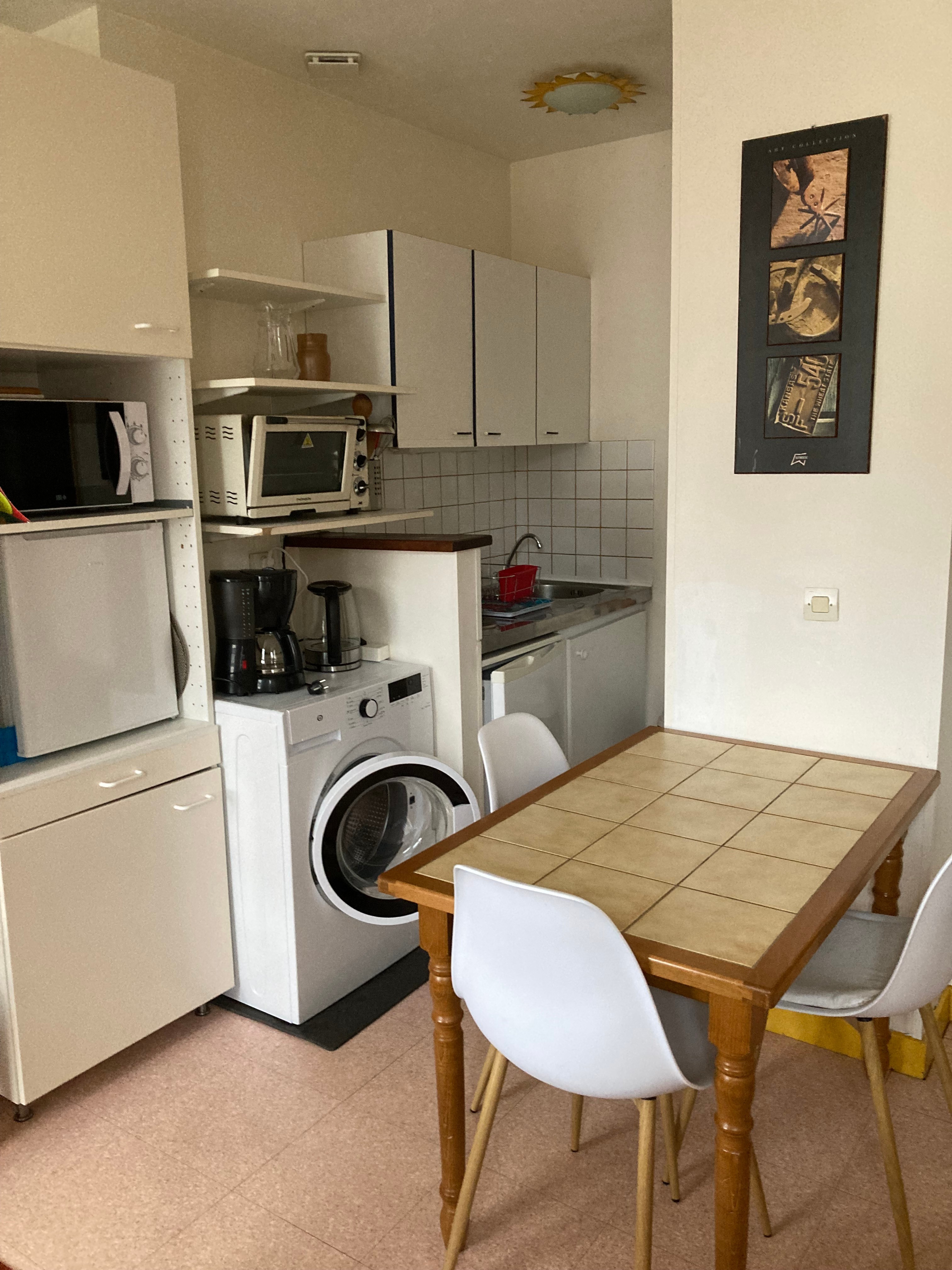 Coin cuisine ( plaques induction, peut fournir, micro-ondes, frigo, petit congélateur, lave linge