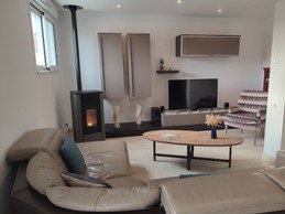 living room with stove