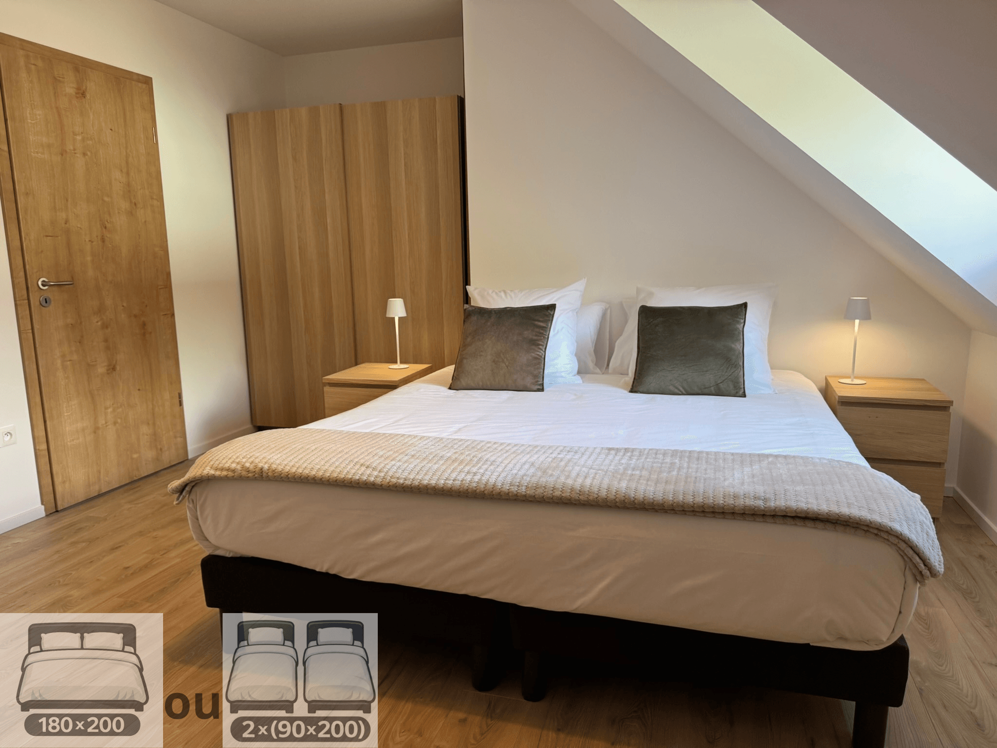 Bedroom 1 with a king-size bed (180 × 200) or two single beds (90 × 200)