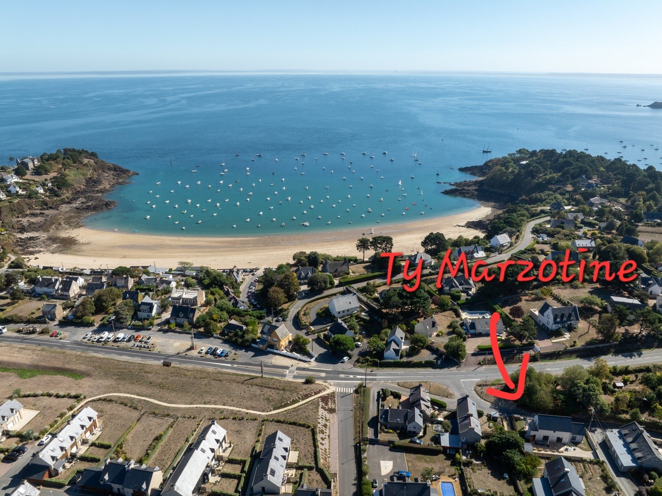 Vue aérienne location Ty Marzotine proche plage Port Mer Cancale