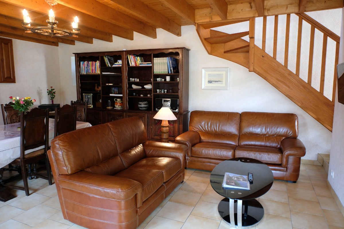 Le coin salon et la bibliothèque.