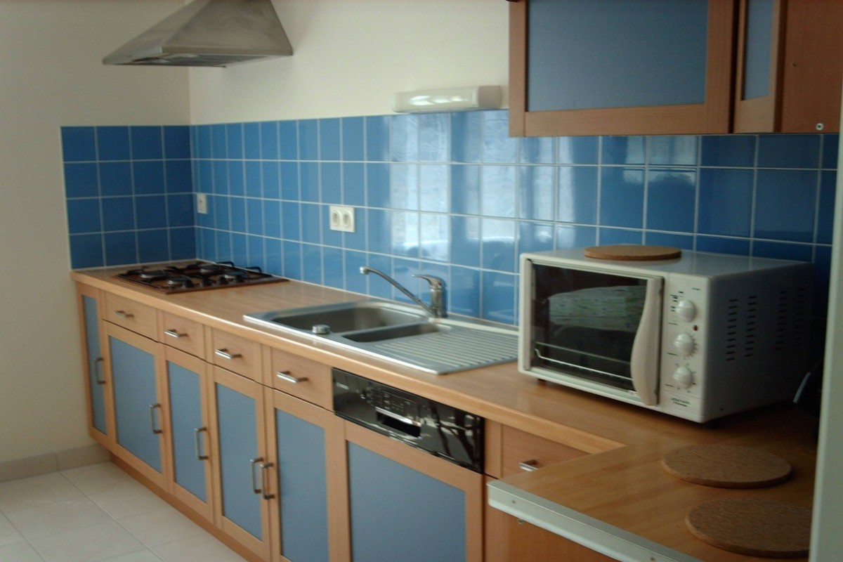Cuisine aménagée et équipée avec frigo-congélateur, micro-ondes, four, lave-vaisselle, etc.