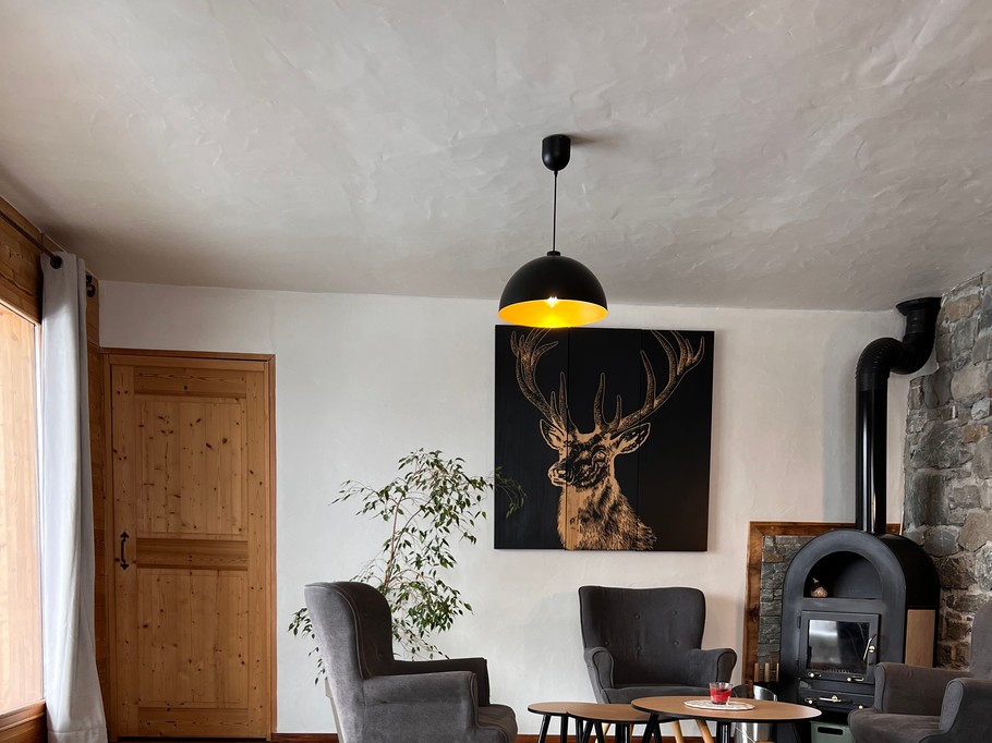 Salon avec télévision et poêle à bois, offrant une vue imprenable sur les montagnes et un accès direct à la terrasse.