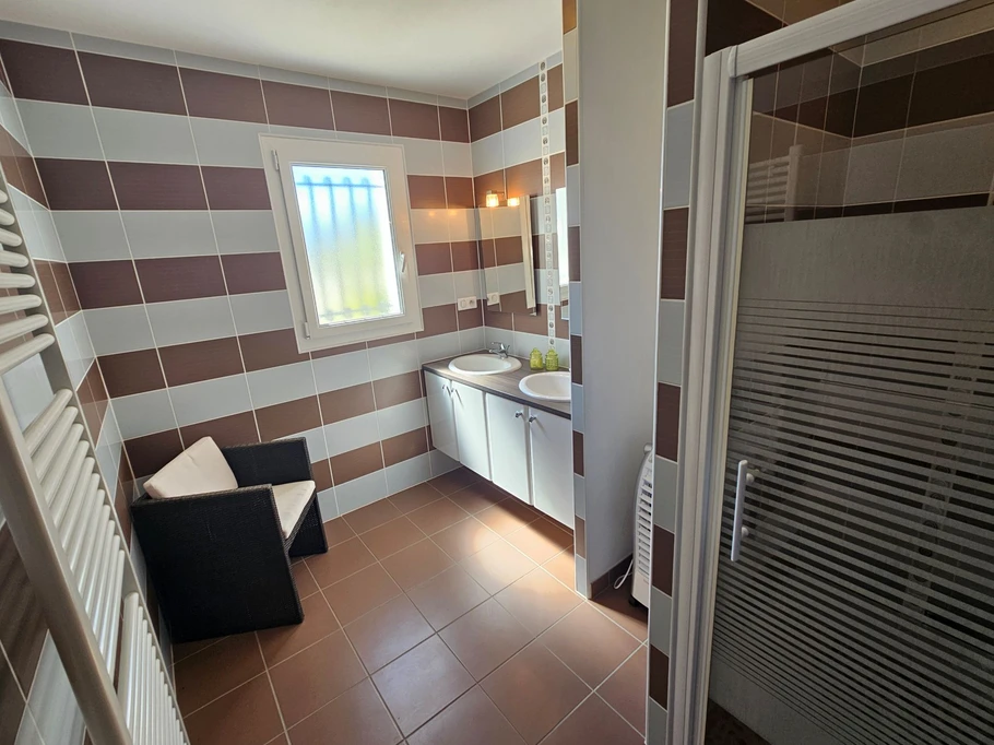 Large shower room with shower and double washbasin - separate WC