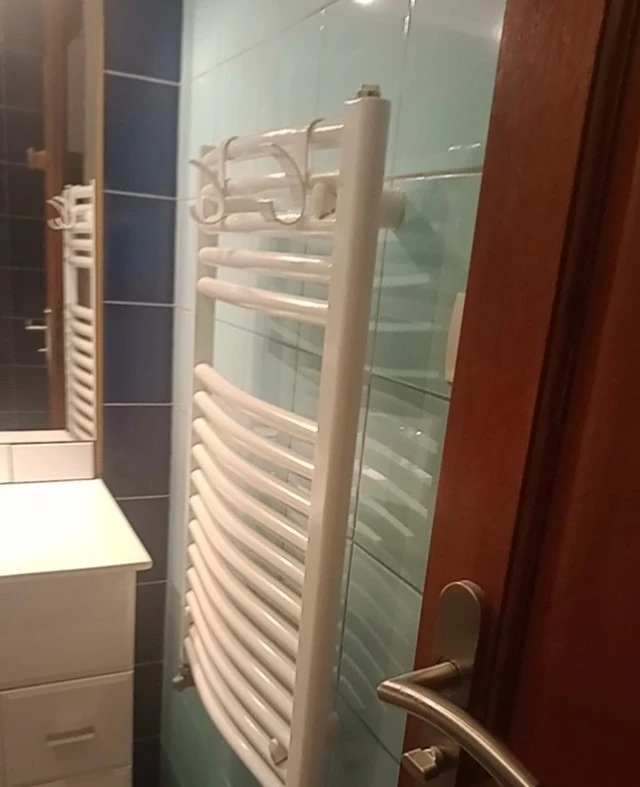 Salle d'eau, vasque et sèche serviettes