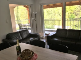 Salon/séjour avec accès terrasse et vue sur la rivière