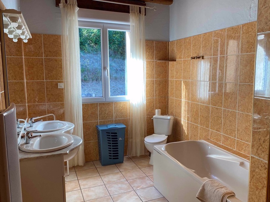 Salle de bain avec WC, douche, baignoire, meuble double vasque