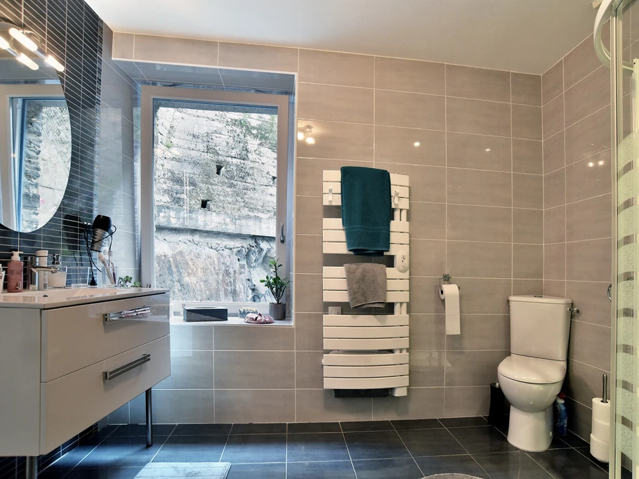 Salle d'eau au 1er étage avec douche, meuble vasque et WC