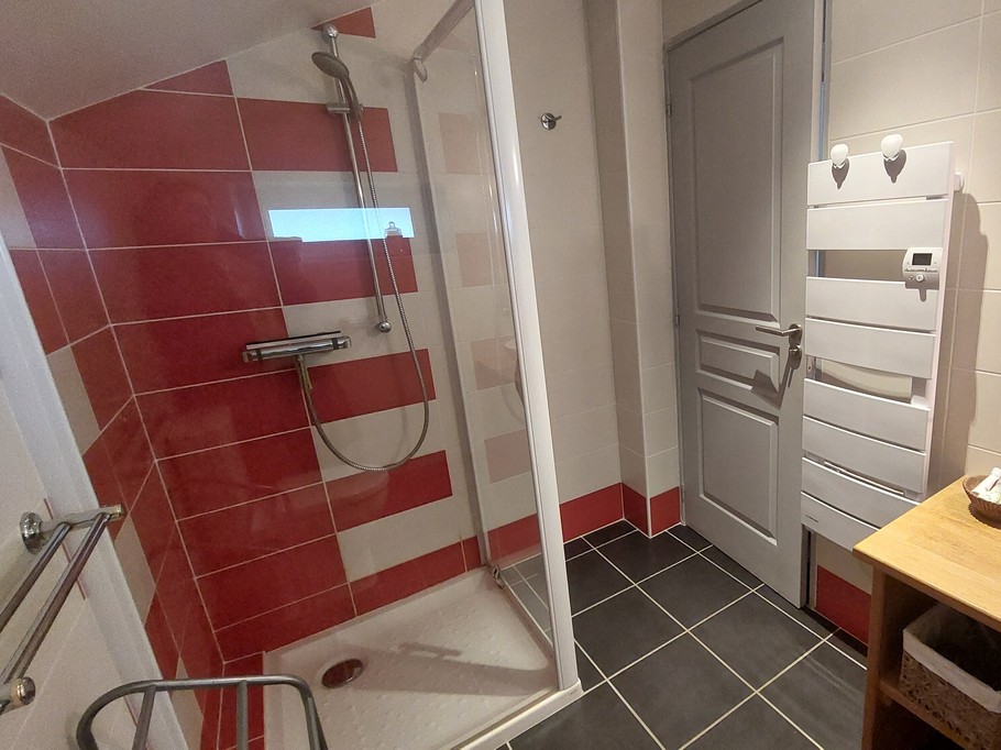 bathroom with modern shower red tiles gîte
