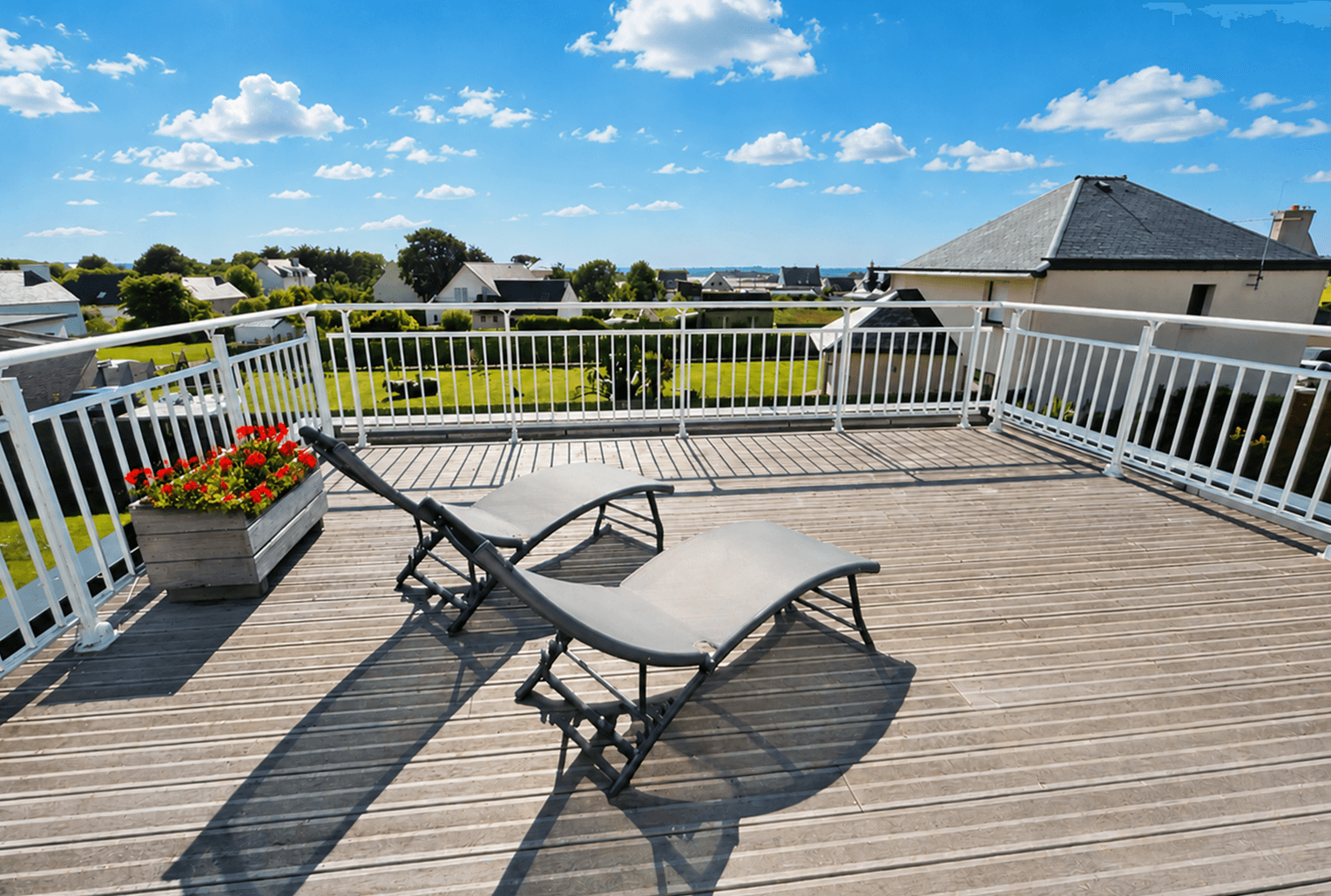 Large private balcony terrace at the Valandrey guest room with sea view