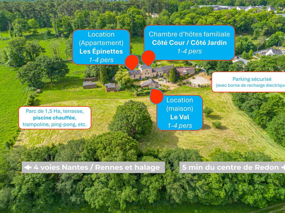 Répartition du Domaine de la Riaudaie : 2 gîtes et 1 chambre d'hôtes familiale