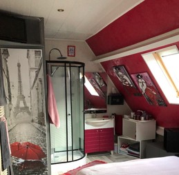 Chambre Gris/Rose 2 pers et salle de douche