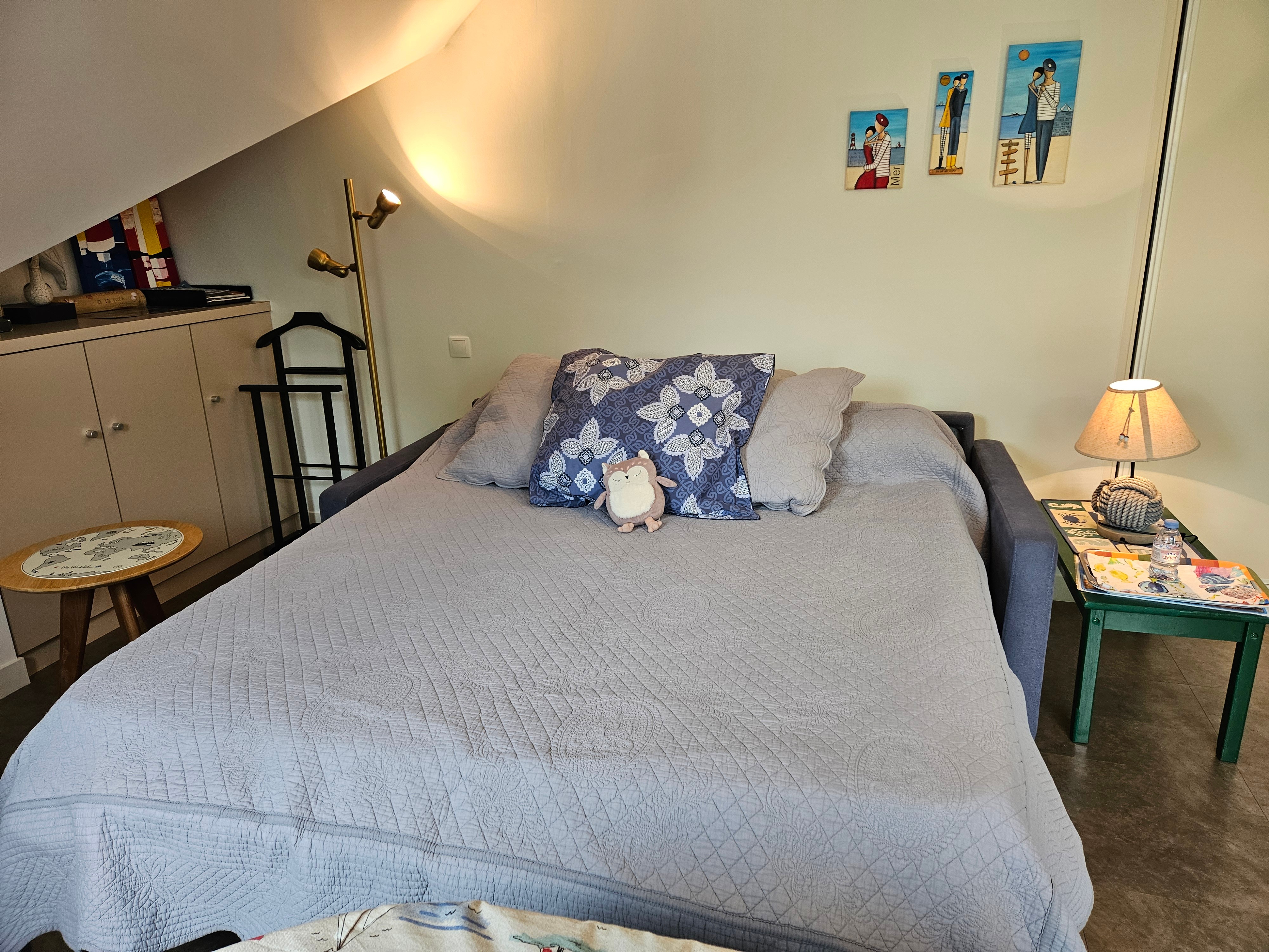 Studio with kitchenette on the left, comfortable convertible sofa bed 160 x 200 cm, dining table, desk, TV, storage space, private shower room and WC.