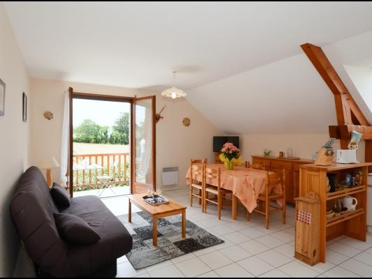 Salon et espace repas lumineux accès balcon