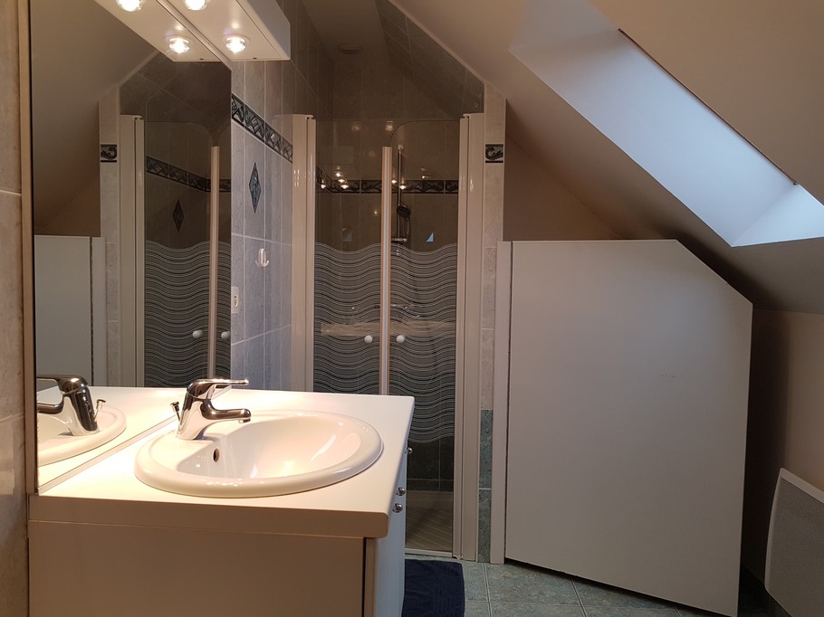 Bathroom with shower, vanity unit and washing machine