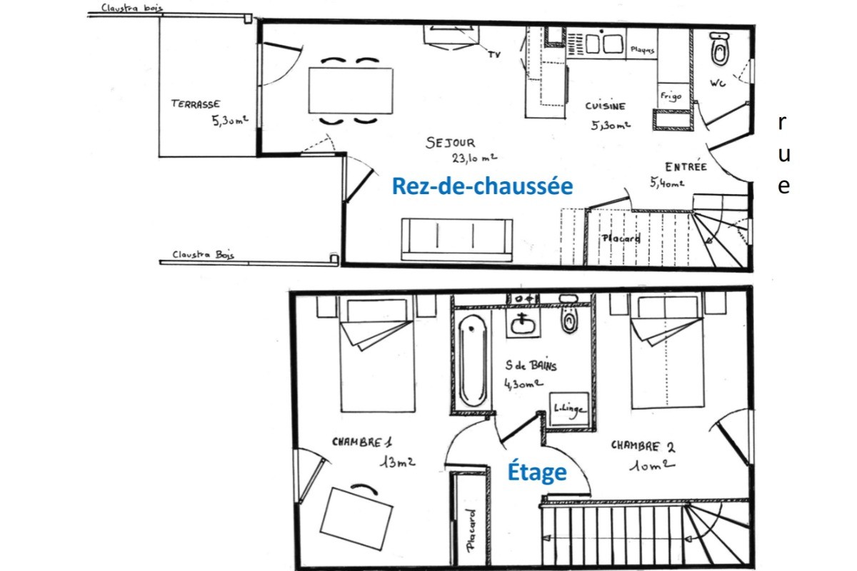 Grande pièce de vie au RDC avec cuisine équipée, coin salon avec TV et séjour. La baie vitrée donne accès au jardin de 70m². WC. A l'étage, 1 chambre 2 pers (2 lits 90x200cm ou 1 lit 180*200) et 1 chambre 2 pers (1 lit 160x200) avec coin bureau. SDB et WC