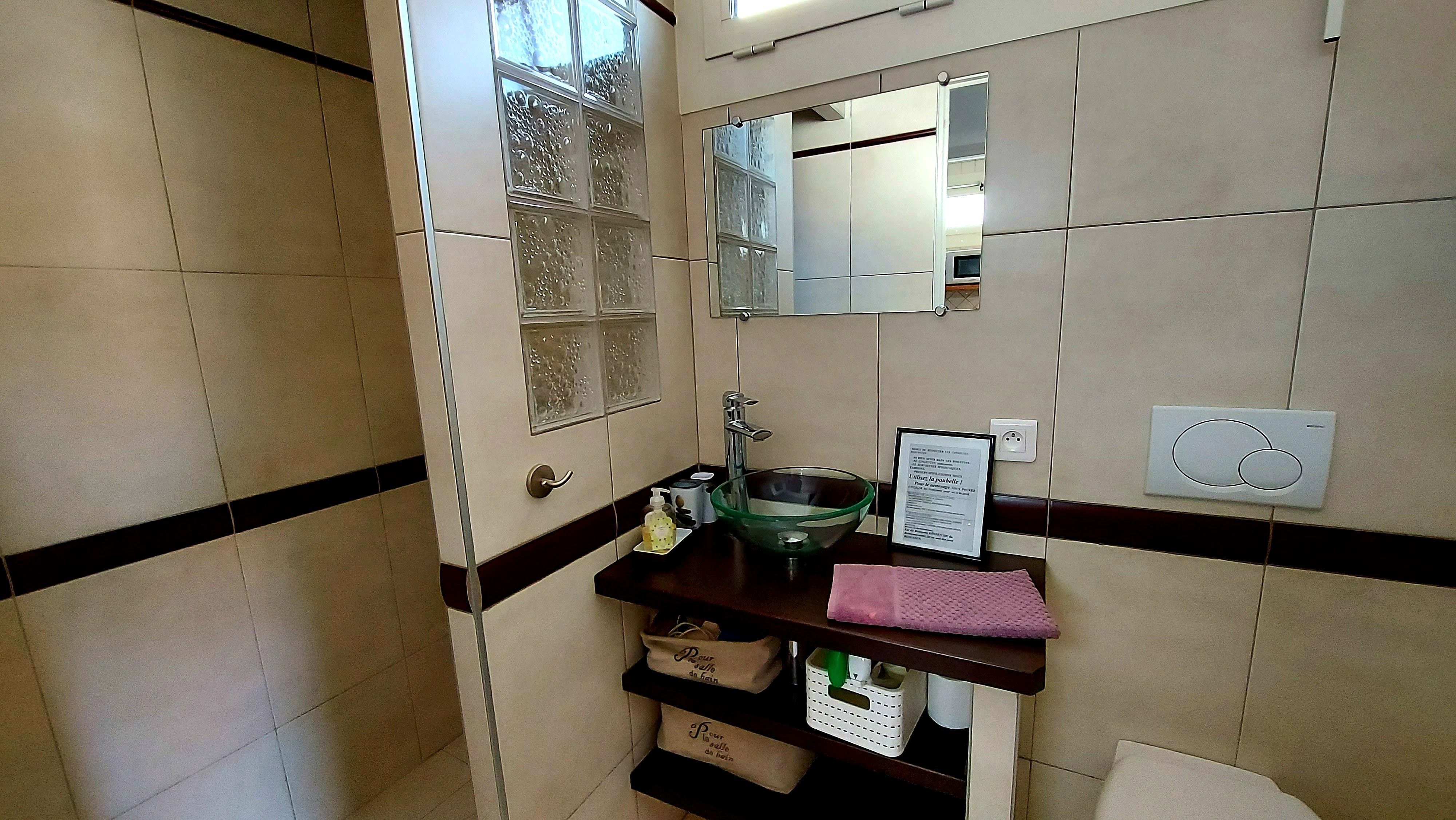 SALLE D EAU.DOUCHE 0 L ITALIENNE.VASQUE ET WC SUSPENDU