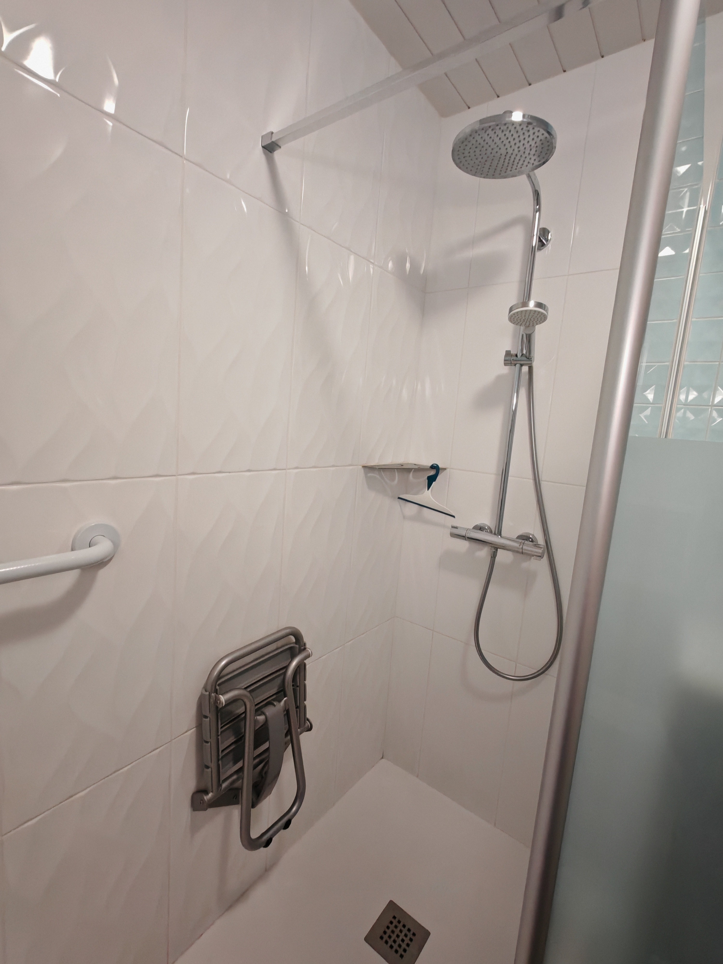 Shower room - shower with grab rail and seat