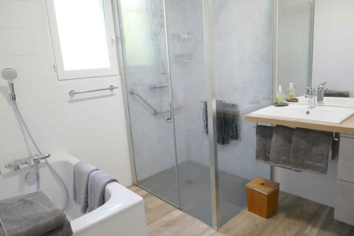 Salle de bain avec douche et baignoire