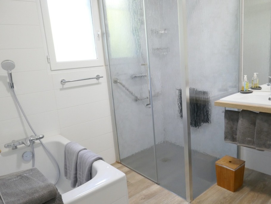 Salle de bain avec douche et baignoire