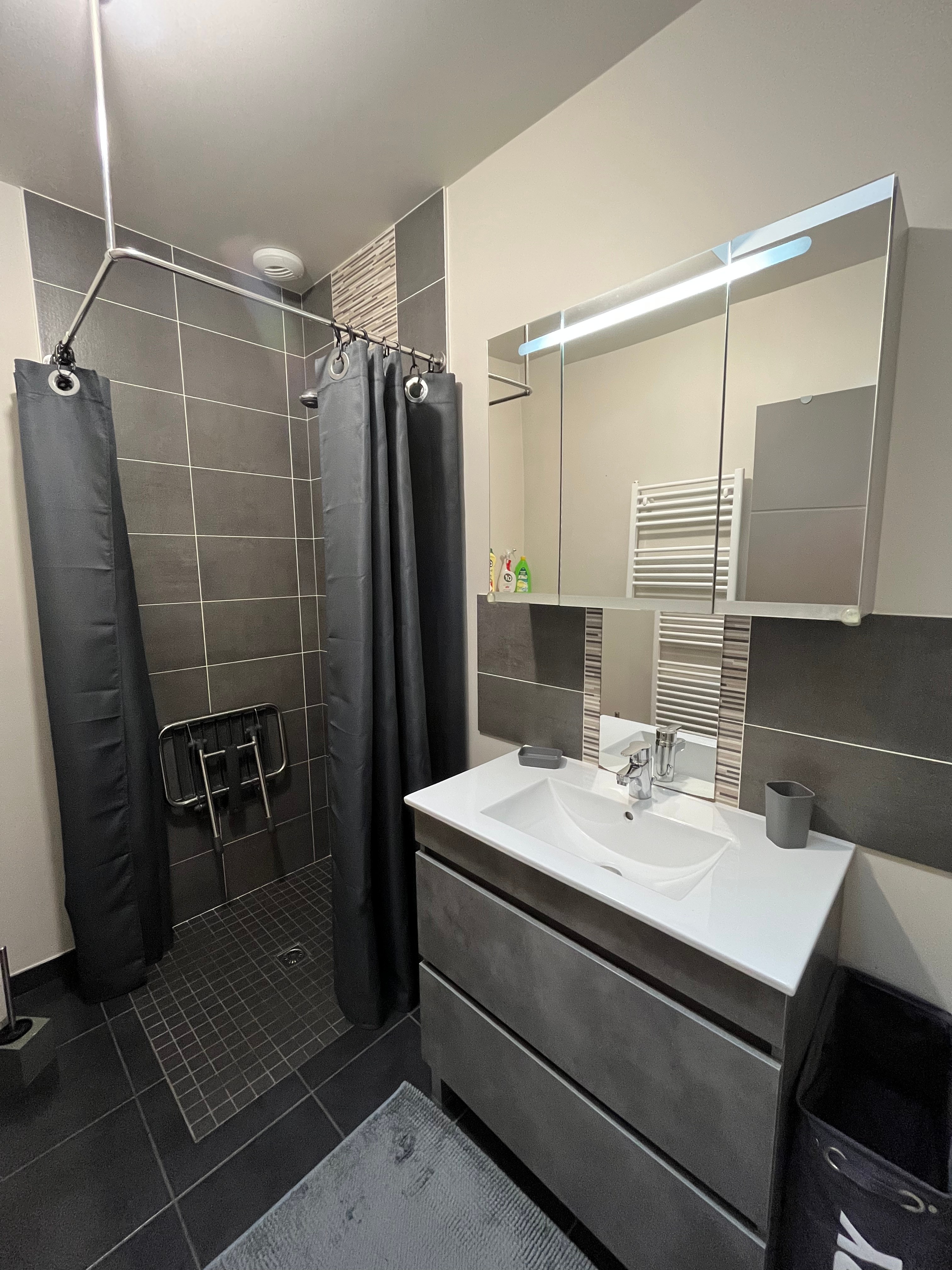 A bathroom adapted for people with reduced mobility, featuring a walk-in shower, a toilet and a vanity unit. 1 further separate toilet.