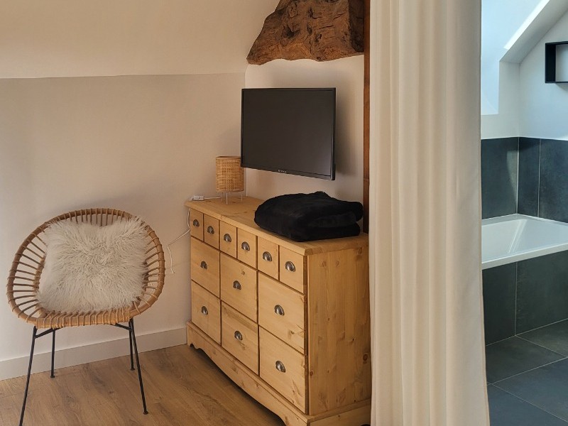 Chambre 1 pour deux personnes avec TV et sa grande salle de bain double vasques (baignoire et douche) et WC séparés. Possibilité d'un couchage d'appoint.