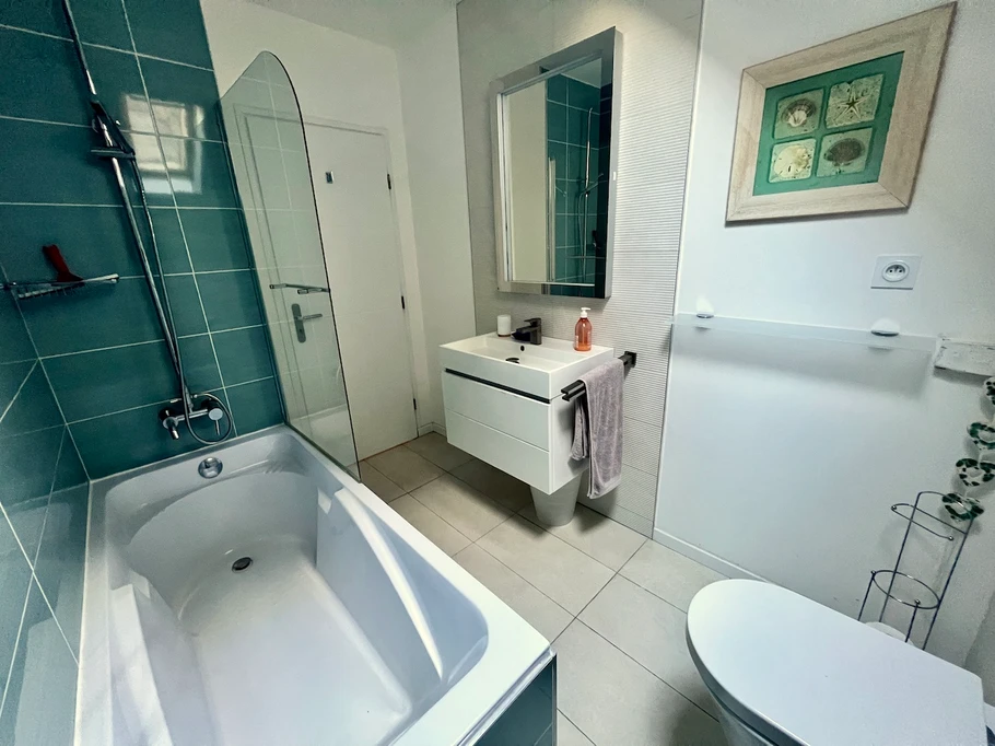 Stylish main bathroom with bathtub and shower above the bathtub