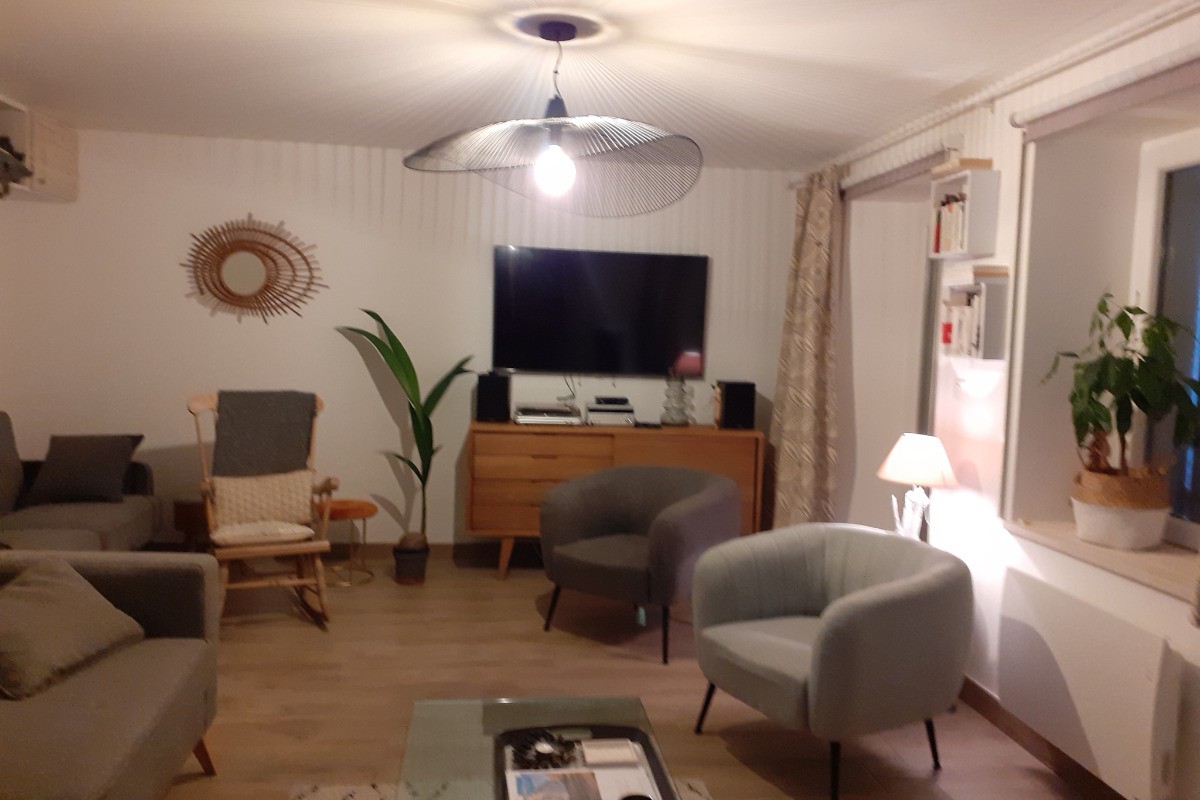 living room with sofa bed, pellet stove, small library-Au gîte des Mazes