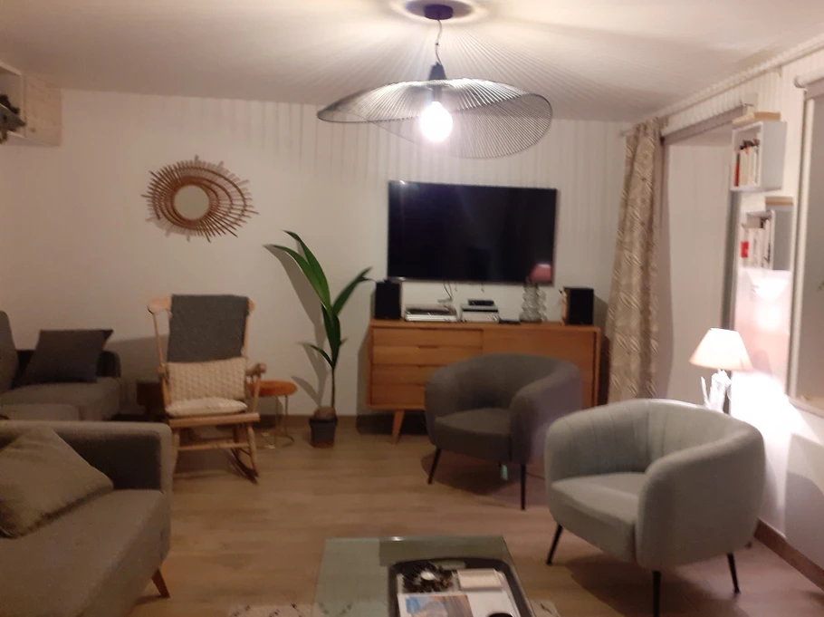 living room with sofa bed, pellet stove, small library-Au gîte des Mazes