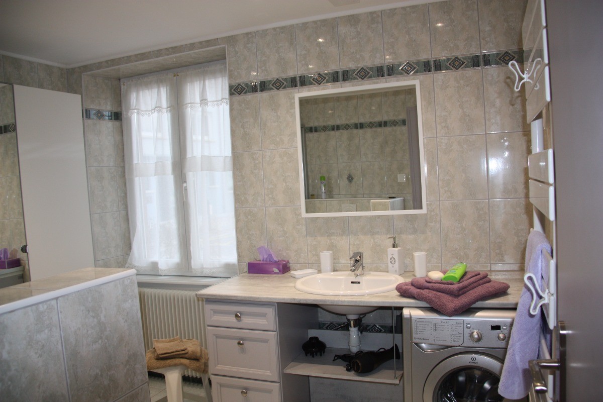 SdB spacieuse avec douche et wc. Il y a un 2ème wc séparé.