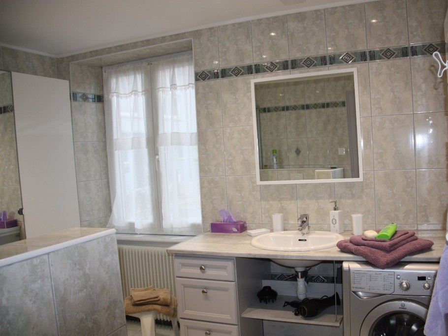 SdB spacieuse avec douche et wc. Il y a un 2ème wc séparé.