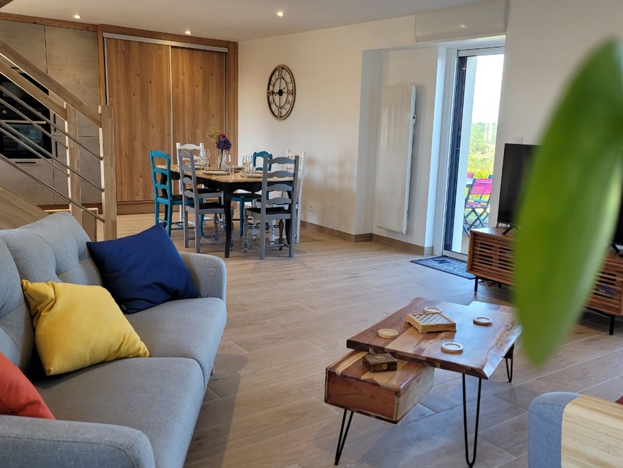 Le Moine, Location, Plouha, Point de la Tour, Clévacances, séjour salon cuisine au RDC