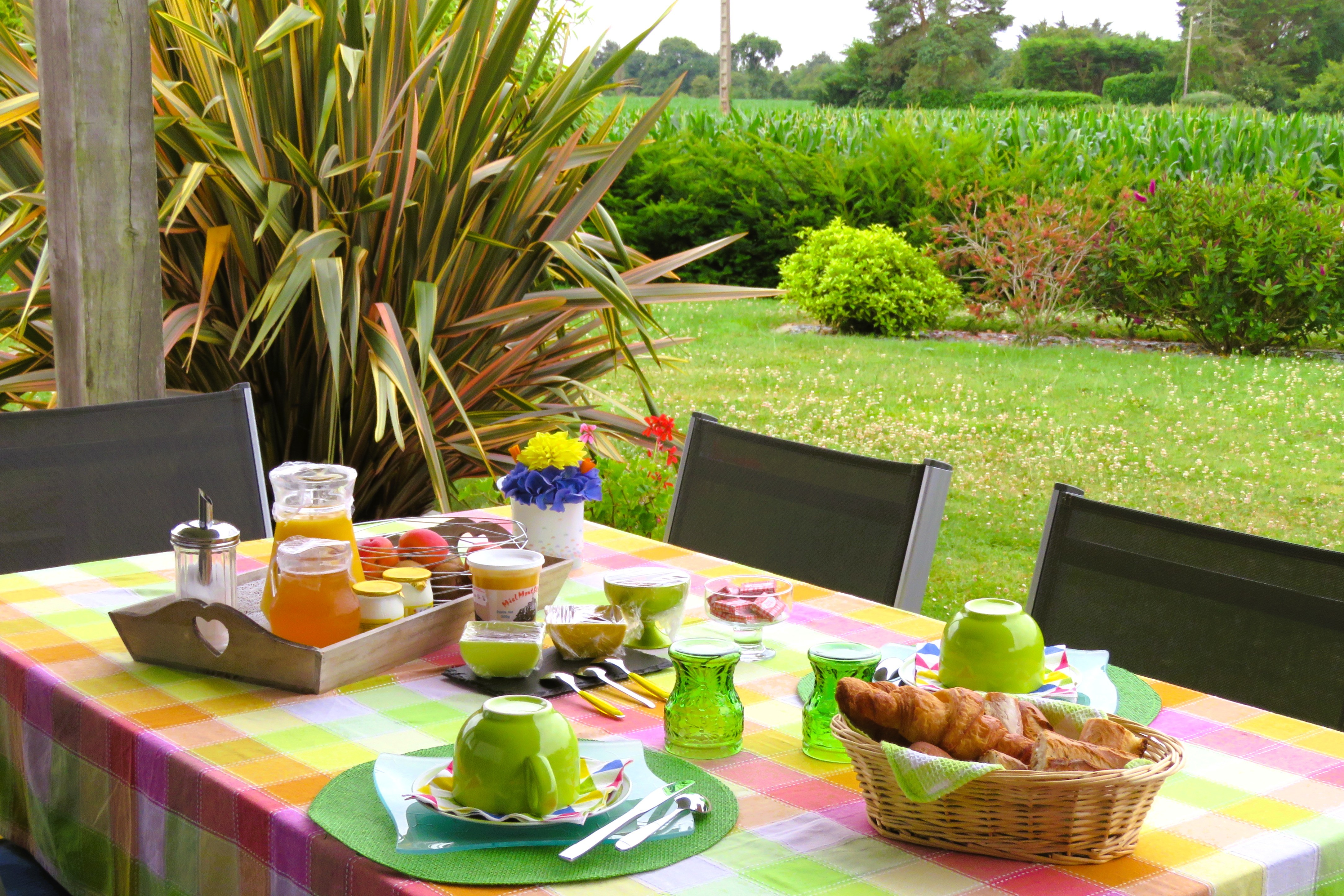Petit-déjeuner avec des produits frais et locaux (confitures maison, pain au feu de bois, etc.) servi dans la salle ou en terrasse selon votre convenance.