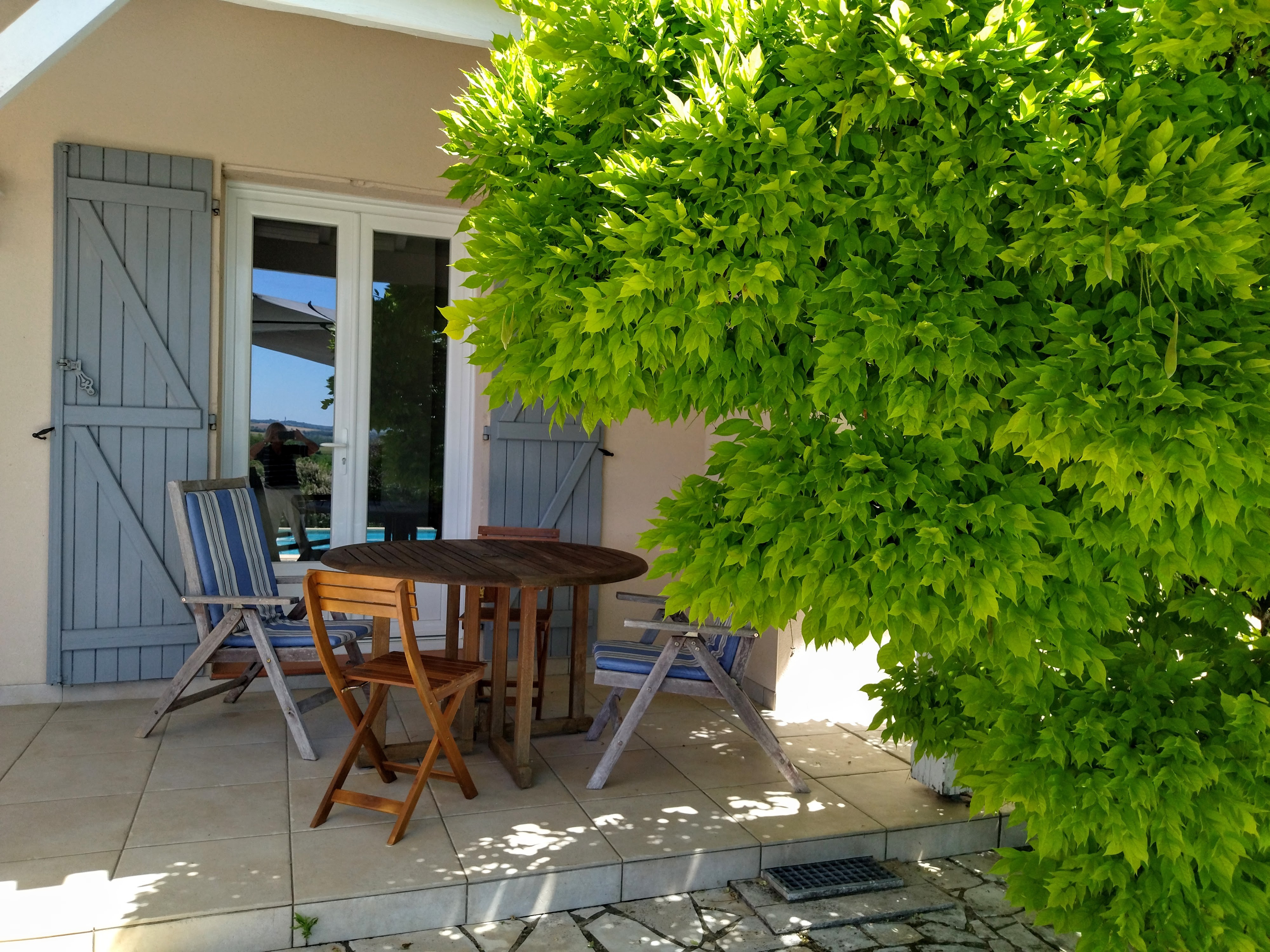 Un havre de tranquillité à l'ombre de la glycine pour un petit déjeuner avec vue sur la piscine.