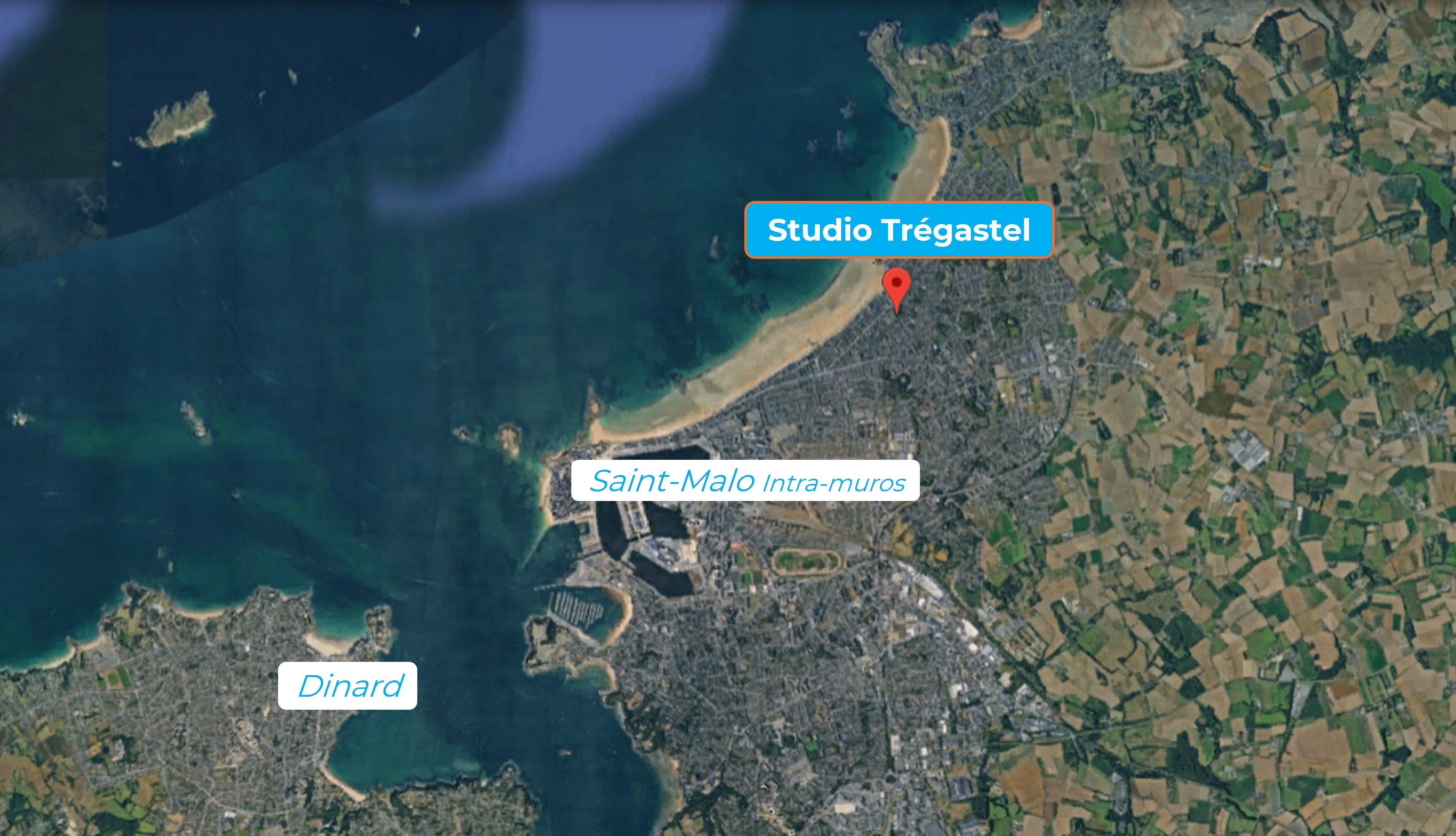 Satellite view of Studio Trégastel. Close to beaches, shops, sailing and surfing school, Saint-Malo marine thermal baths.