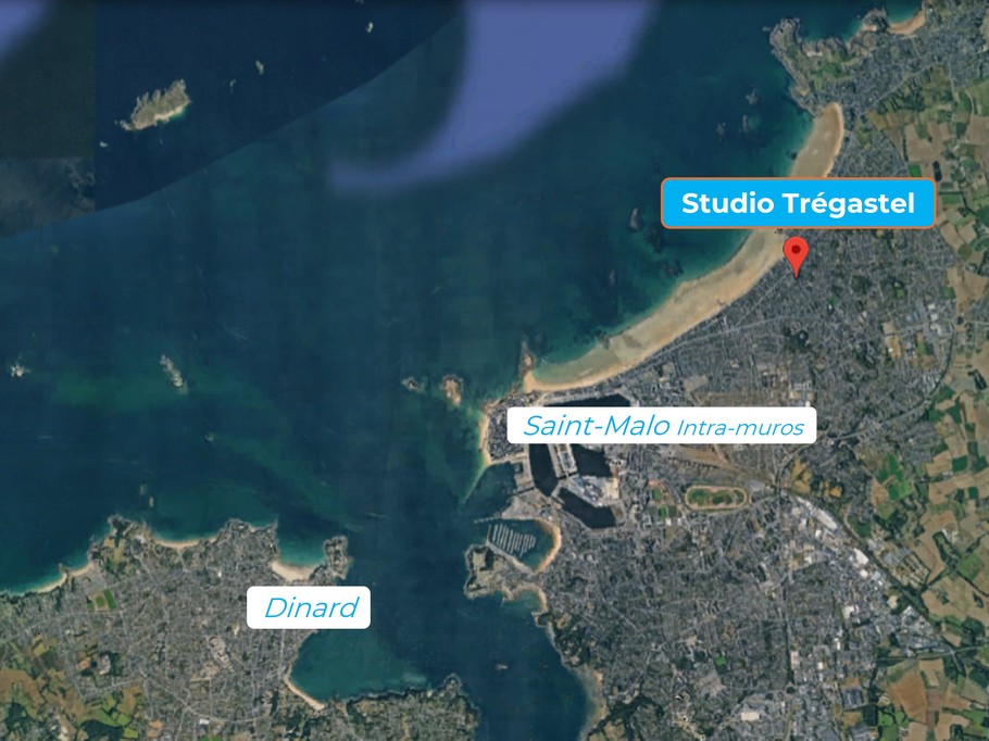 Satellite view of Studio Trégastel. Close to beaches, shops, sailing and surfing school, Saint-Malo marine thermal baths.