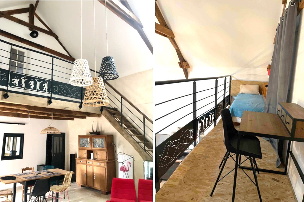 Grande pièce de vie avec une belle hauteur sous plafond. Mezzanine avec coin bureau / détente et couchage d'appoint 90 cm (pas d'occulation et non recommandé aux enfants).
