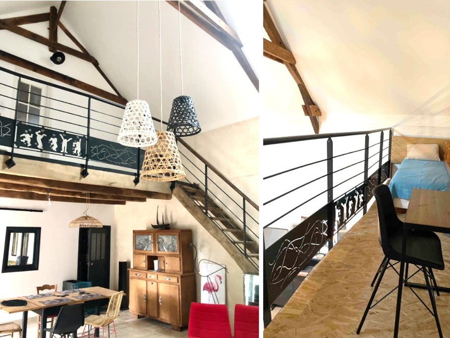 Grande pièce de vie avec une belle hauteur sous plafond. Mezzanine avec coin bureau / détente et couchage d'appoint 90 cm (pas d'occulation et non recommandé aux enfants).