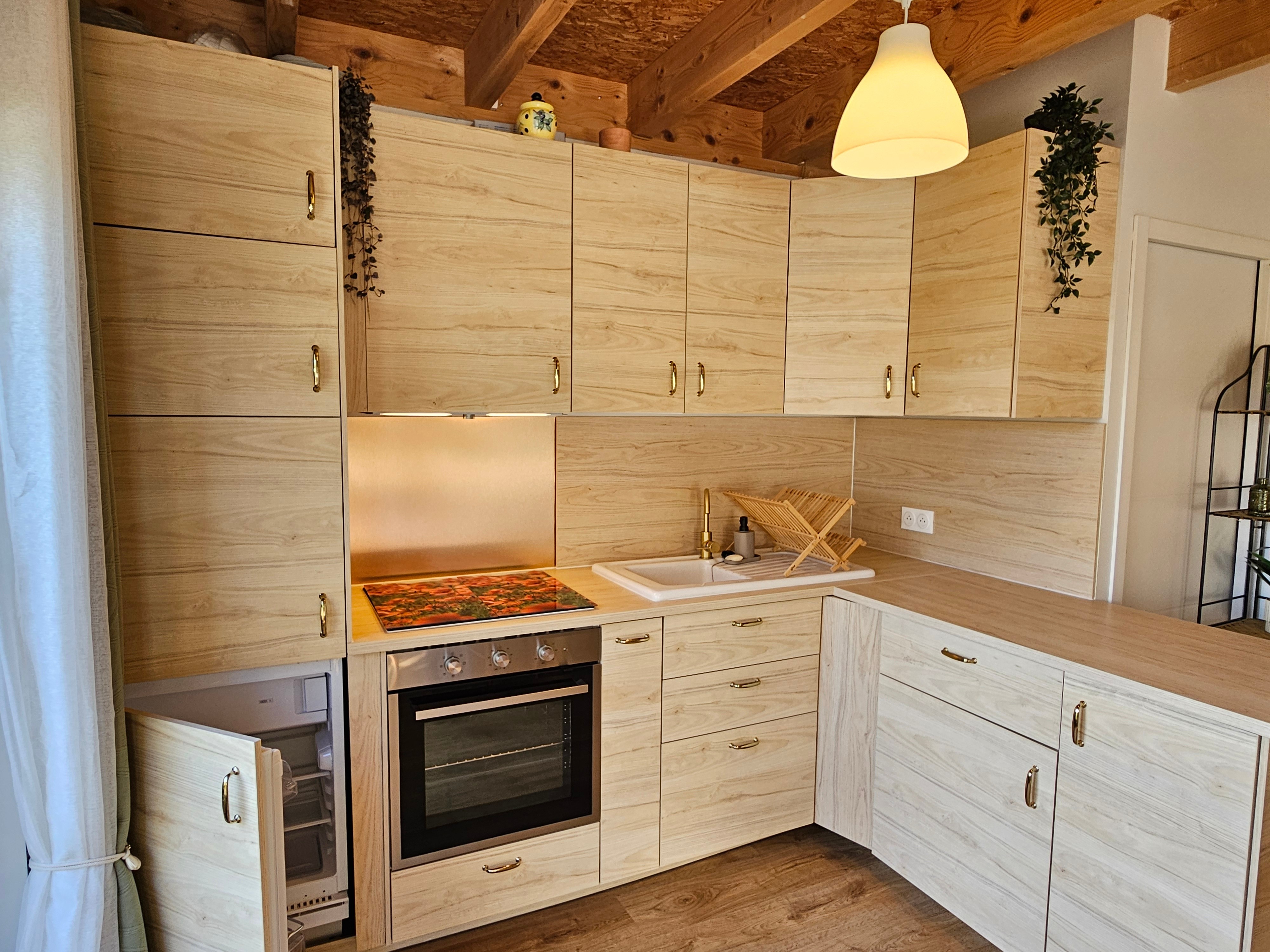 Pièce de vie avec cuisine équipée, salon et table à manger. Canapé convertible 160 x 200 cm (système type rapido).