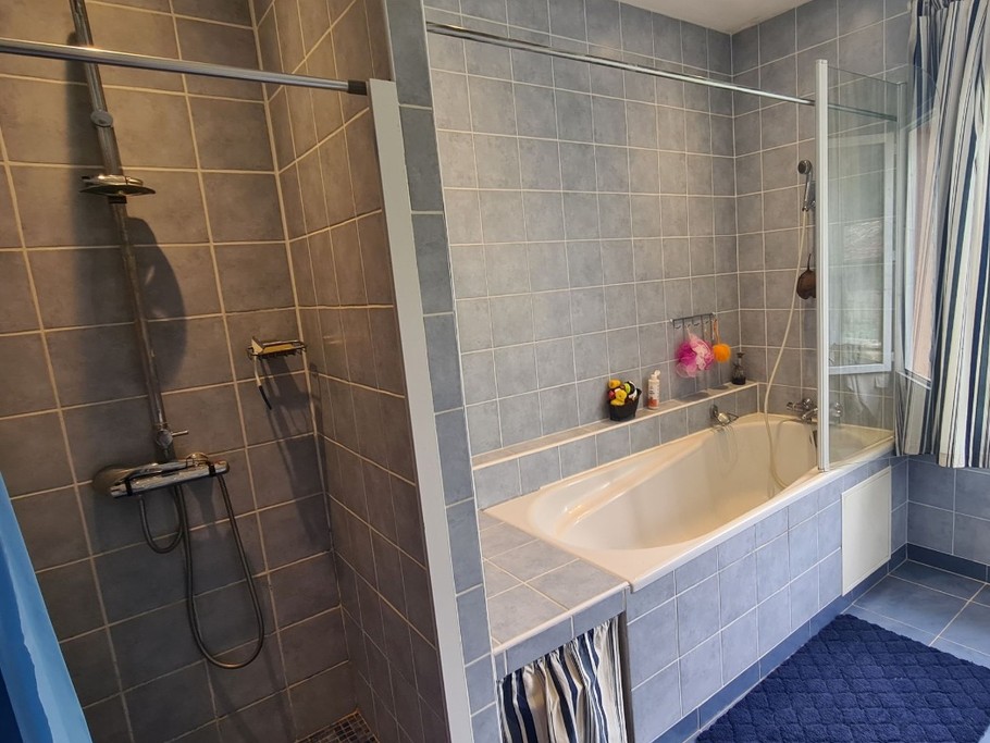 Grande salle de bain avec douche, Chambres d'hôtes La Maison aux Roses près du Futuroscope, La Vallée des Singes, à Valence de Poitou en Vienne