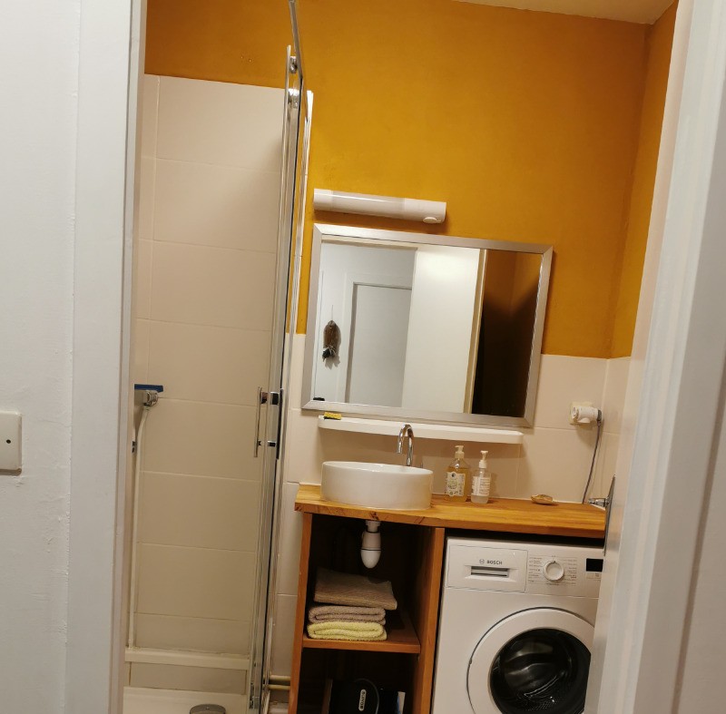 La salle d'eau (douche, lave-linge, sèche-cheveux, tabouret de douche)