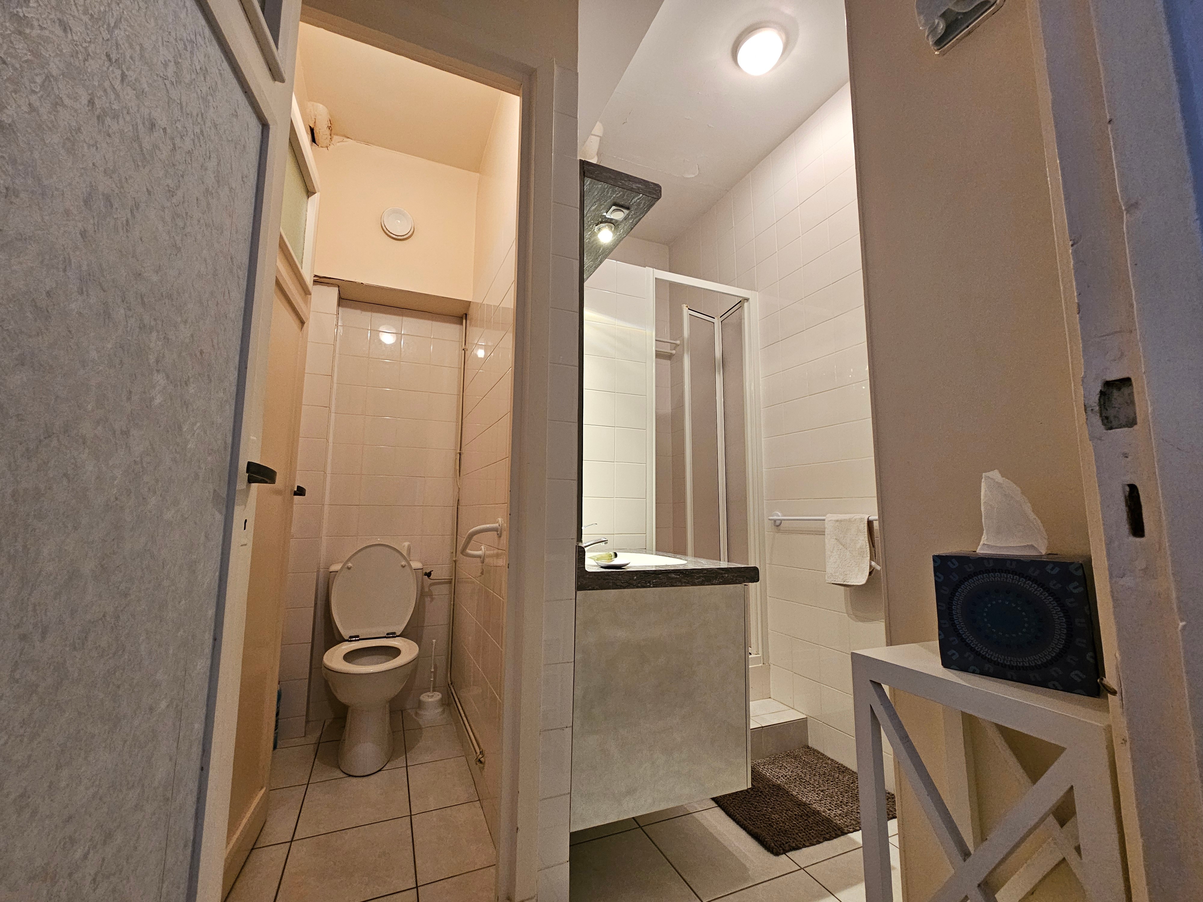 Salle d'eau avec douche grande dimension, meuble vasque et WC fermé.