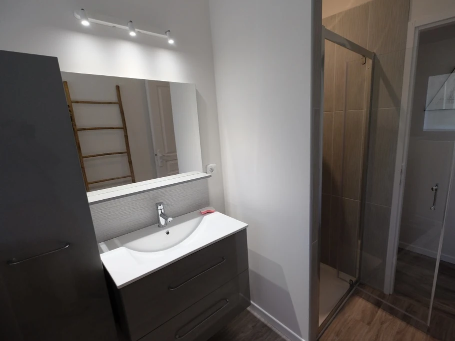 accès à la salle d'eau depuis un couloir donnant sur la chambre ou sur le salon