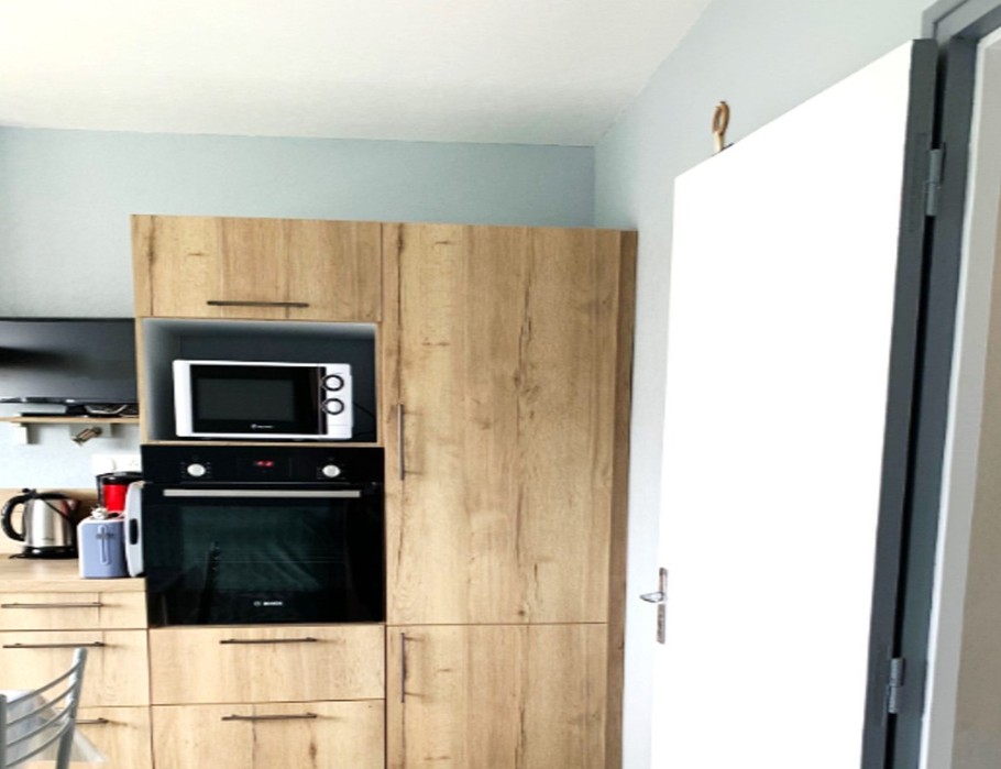 Pièce de vie avec coin cuisine aménagée et bien équipée, coin salon avec canapé convertible et TV.