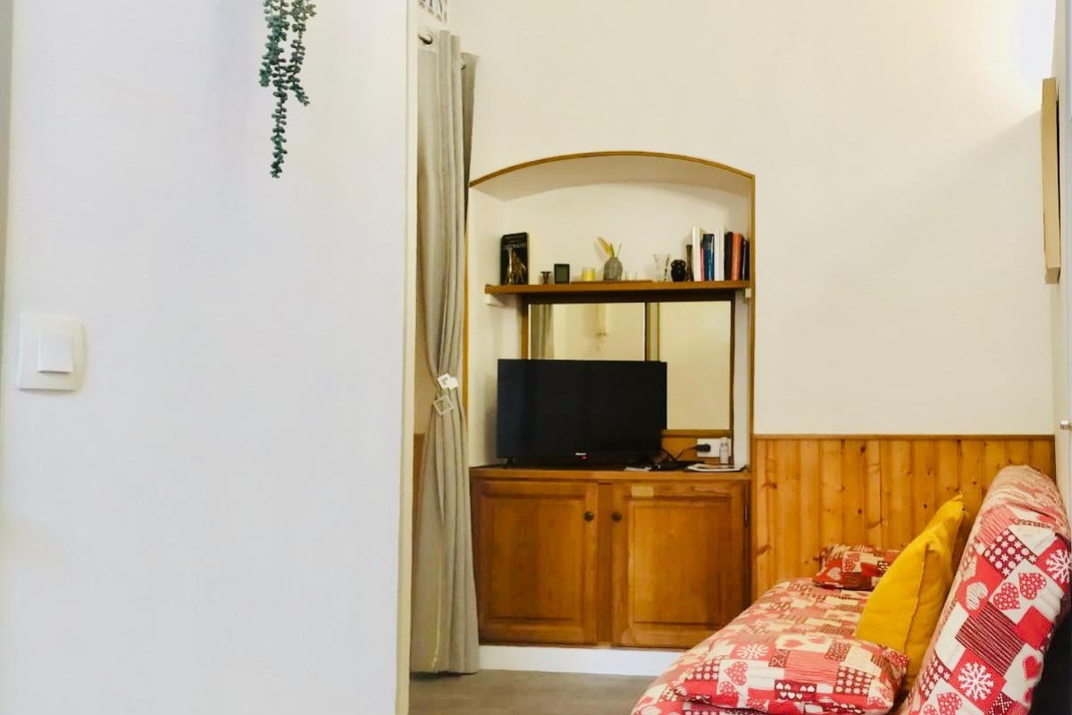 Lieu de vie : Canapé clic-clac, placard et rangement, télé 80cm; accès wifi par la Fibre dans tout l'appartement