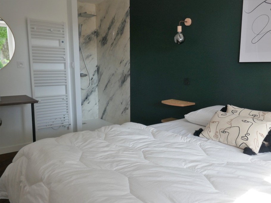 Chambre 1 en rez-de-chaussée avec un lit en 160 et salle d'eau attenante