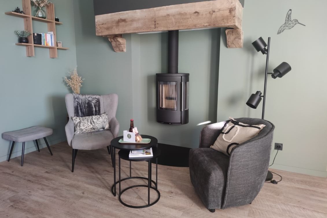 Coin salon avec poêle à bois et TV.