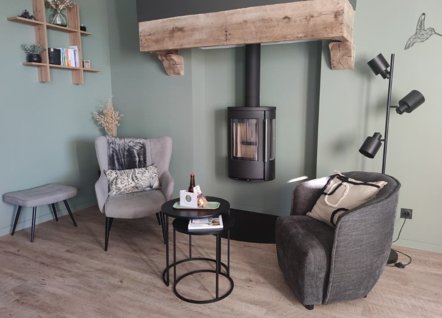 Coin salon avec poêle à bois et TV.