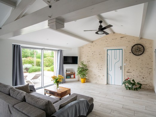 Pièce de vie avec coin salon et canapé-lit.